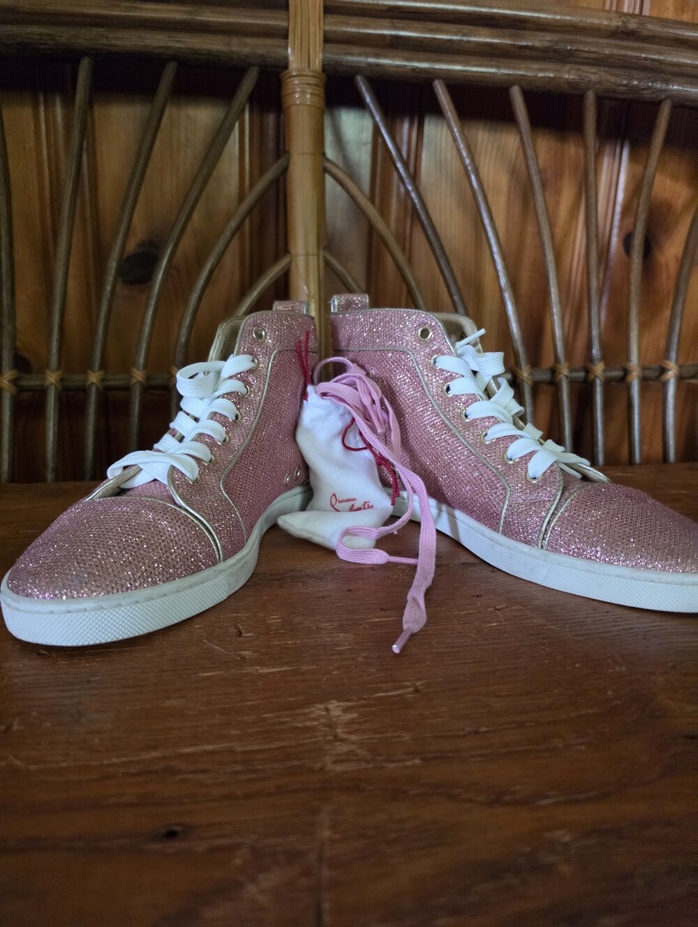 Christian Louboutin Sparkly Pink High Top Sneakers with Hot Pink Laces - Picture 5 of 16